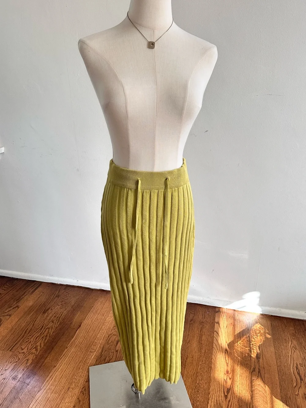 Ribbed Knit Chartreuse Two Piece Top & Midi Skirt Set Medium